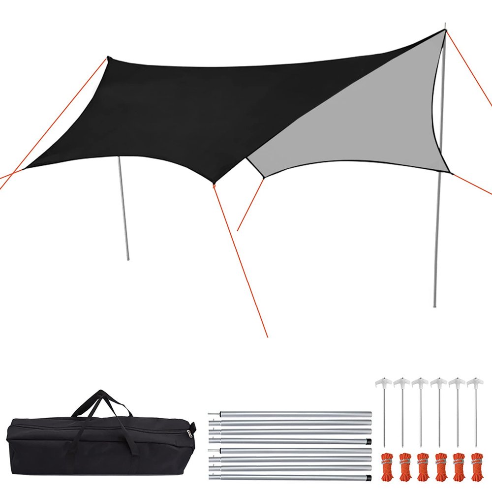 SLDAGe Camping tarp 15x15ft Waterproof Portable rain Fly, Lightweight Hammock tarp with 2 Poles, Tent Stakes and Wind Ropes, Black Survival Equipment Gear Camping Tent