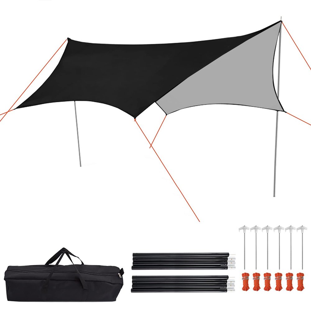 Camping tarp Waterproof, 15x15 ft Hammock Rain Fly, Mutifunctional Tent with Poles, Stakes and Ropes Included Footprint Lightweight Tarp for Camping, Hiking and Survival Shelter,Black