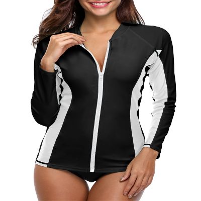 ATTRACO Women Long Sleeve UV Shirts Zip Up Rash Guard Athletic Swimsuits White S