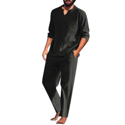 Mens Linen Sets 2 Piece Outfits Summer Long Sleeve T-Shirts Pants Set Casual Comfy Soft Sleepwear Loose Fit Yoga Loungewear Black