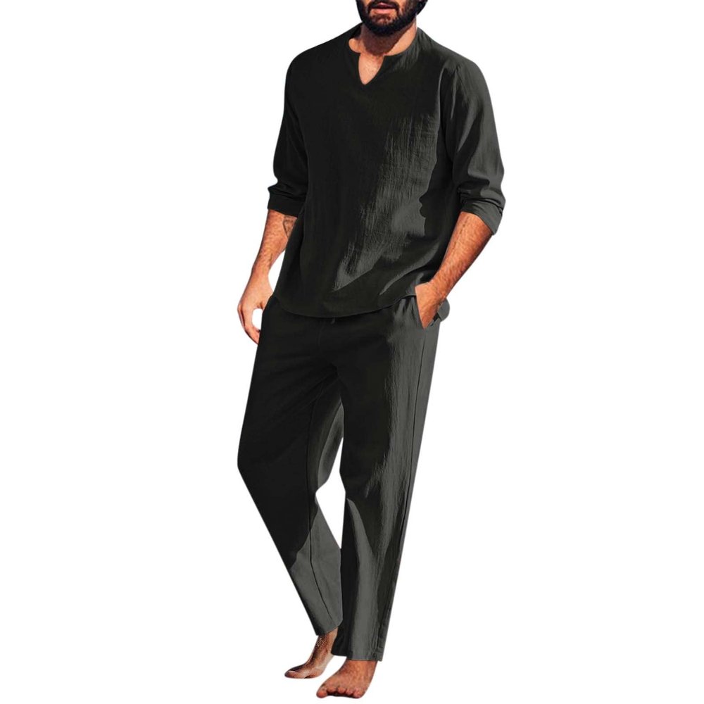 Mens Linen Sets 2 Piece Outfits Summer Long Sleeve T-Shirts Pants Set Casual Comfy Soft Sleepwear Loose Fit Yoga Loungewear Black