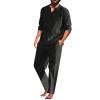 Mens Linen Sets 2 Piece Outfits Summer Long Sleeve T-Shirts Pants Set Casual Comfy Soft Sleepwear Loose Fit Yoga Loungewear Black view 1