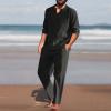 Mens Linen Sets 2 Piece Outfits Summer Long Sleeve T-Shirts Pants Set Casual Comfy Soft Sleepwear Loose Fit Yoga Loungewear Black view 2