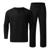 Mens Linen Sets 2 Piece Outfits Summer Long Sleeve T-Shirts Pants Set Casual Comfy Soft Sleepwear Loose Fit Yoga Loungewear Black view 3