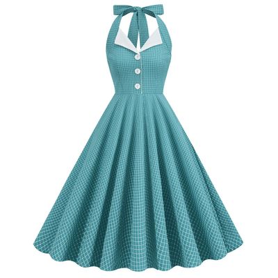 50s Dress Women Vintage Cocktail Halter Dress 1950s Rockabilly Swing Dress Pinup 50s Retro Plaid Dress with Pockets White Collar Buttons Audrey Hepburn Style Dress Casual Evening Dress Green Plaid M