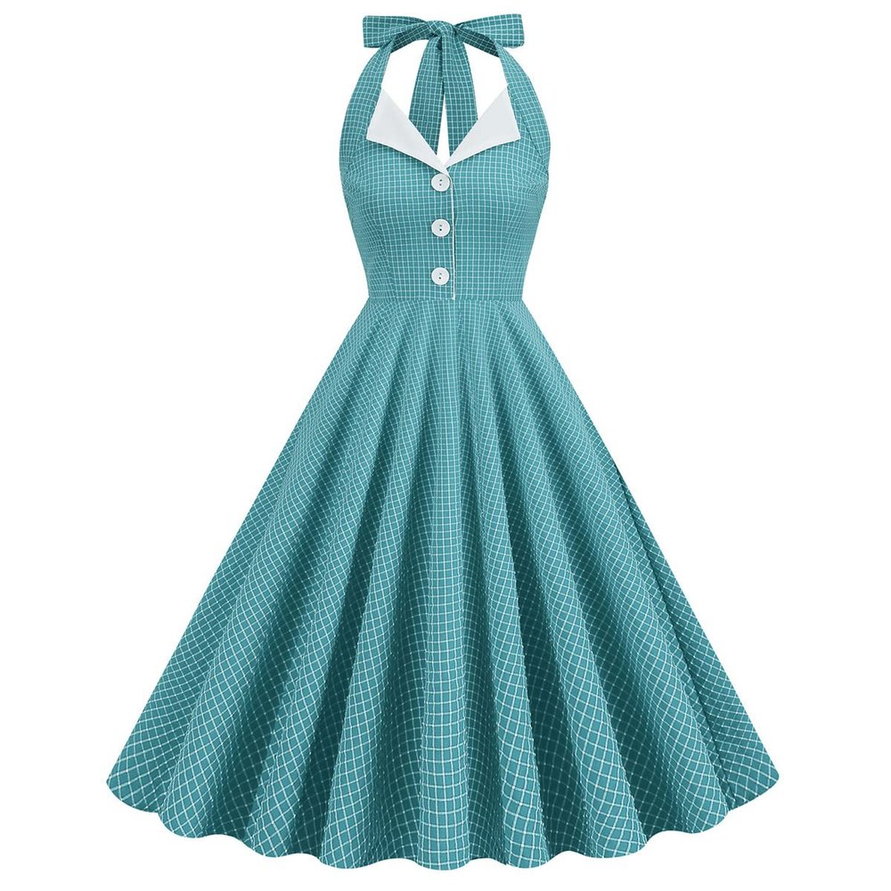 50s Dress Women Vintage Cocktail Halter Dress 1950s Rockabilly Swing Dress Pinup 50s Retro Plaid Dress with Pockets White Collar Buttons Audrey Hepburn Style Dress Casual Evening Dress Green Plaid M