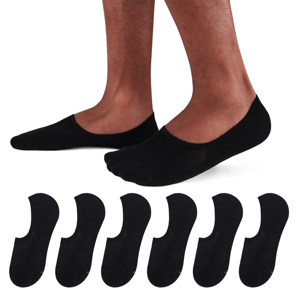 SIXDAYSOX Black Men's No Show Socks - 6 Pairs Invisible Low Cut Non Slip Socks for Loafers, Sneakers & Casual Shoes - Size 5-11
