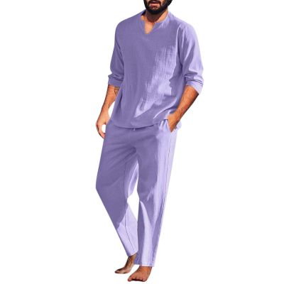 Mens Linen Sets 2 Piece Outfits Summer Long Sleeve T-Shirts Pants Set Casual Comfy Soft Sleepwear Loose Fit Yoga Loungewear Purple
