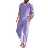 Mens Linen Sets 2 Piece Outfits Summer Long Sleeve T-Shirts Pants Set Casual Comfy Soft Sleepwear Loose Fit Yoga Loungewear Purple view 1