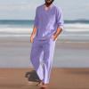 Mens Linen Sets 2 Piece Outfits Summer Long Sleeve T-Shirts Pants Set Casual Comfy Soft Sleepwear Loose Fit Yoga Loungewear Purple view 2