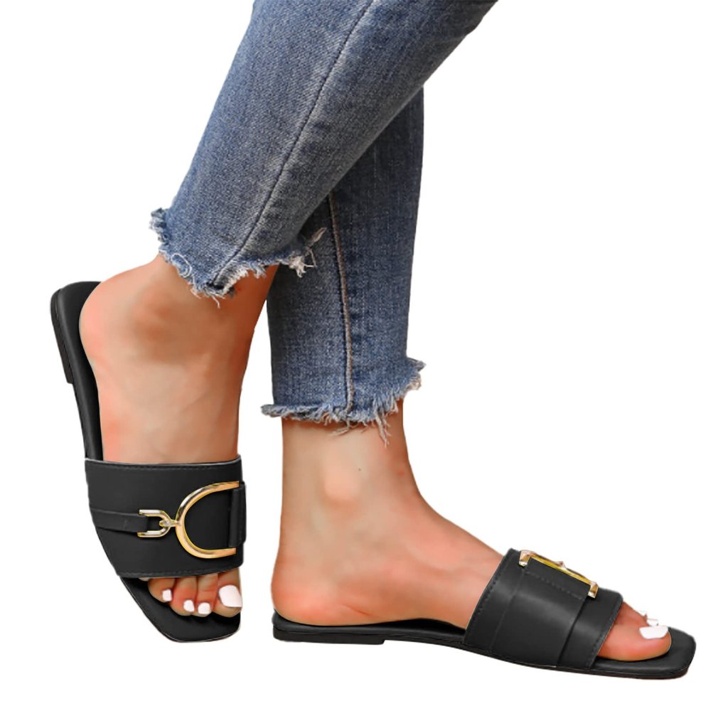 Hbeylia Women's Slides Sandals Summer Casual Metal Buckle Non Slip Square Open Toe Flat Slip On Slippers Beach Vacation Slider Sandals Slipper for Women Vocation
