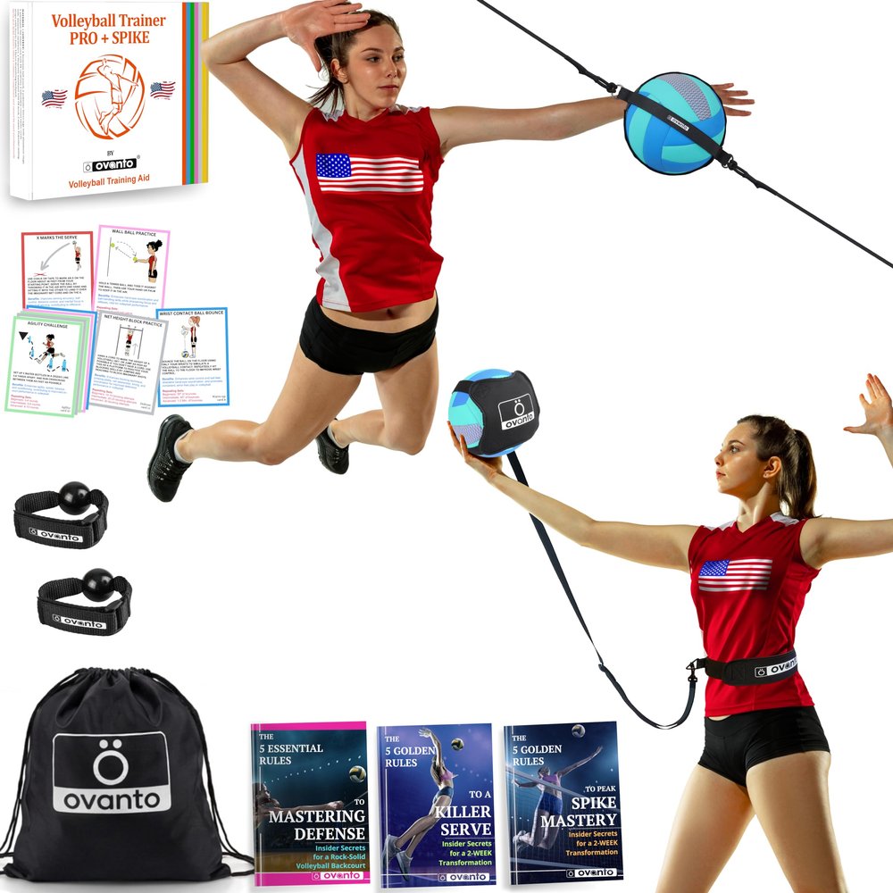 OVANTO Volleyball Training Equipment Aid Adjustable Practice Hitting Rebounder with Ultra-Stretch Neoprene, Exclusive Elastic Cords & Premium Content, Improve Power, Speed & Technique at All Levels
