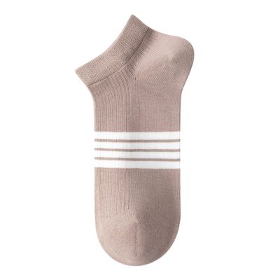 Yizelli 3 Pairs Ankle Socks for Men Cotton Low Cut Stripe Casual Socks for Spring Summer (Khaki)