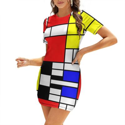 Mondrian Style Women's Dress Short Sleeve Bodycon Short Dress T Shirt Mini Dress Club Party Sundresses XL