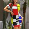 Mondrian Style Women's Dress Short Sleeve Bodycon Short Dress T Shirt Mini Dress Club Party Sundresses XL view 3