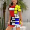 Mondrian Style Women's Dress Short Sleeve Bodycon Short Dress T Shirt Mini Dress Club Party Sundresses XL view 4