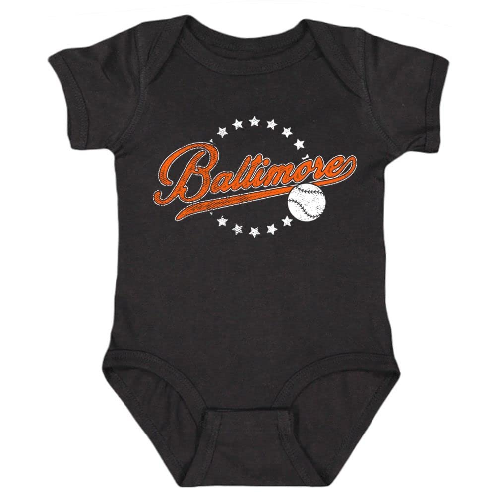 Baltimore City Vintage Kid's Baby Bodysuit for Baseball Fan (Black, 24M)