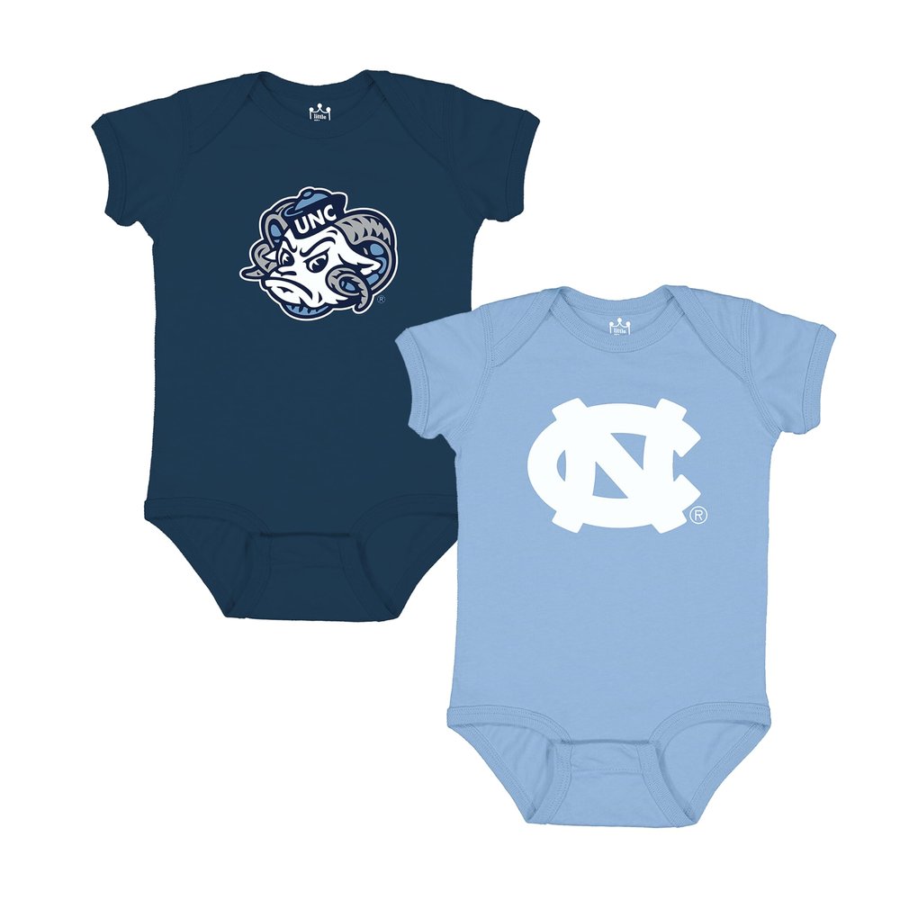 Little King NCAA Bodysuit 2 Pack Short Sleeve-100% Cotton-North Carolina-Carolina Blue & Navy-18 Months