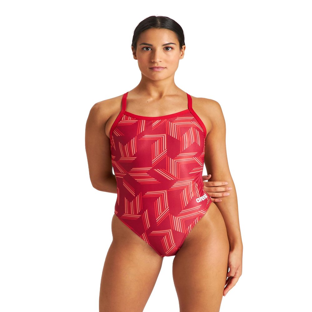 ARENA Women's Swimsuit Puzzled Team Print MaxLife Sports Suit Challenge Back One Piece Bathing Suit Competition Training Racing Swimwear, Red/Red Multi, US Size 24