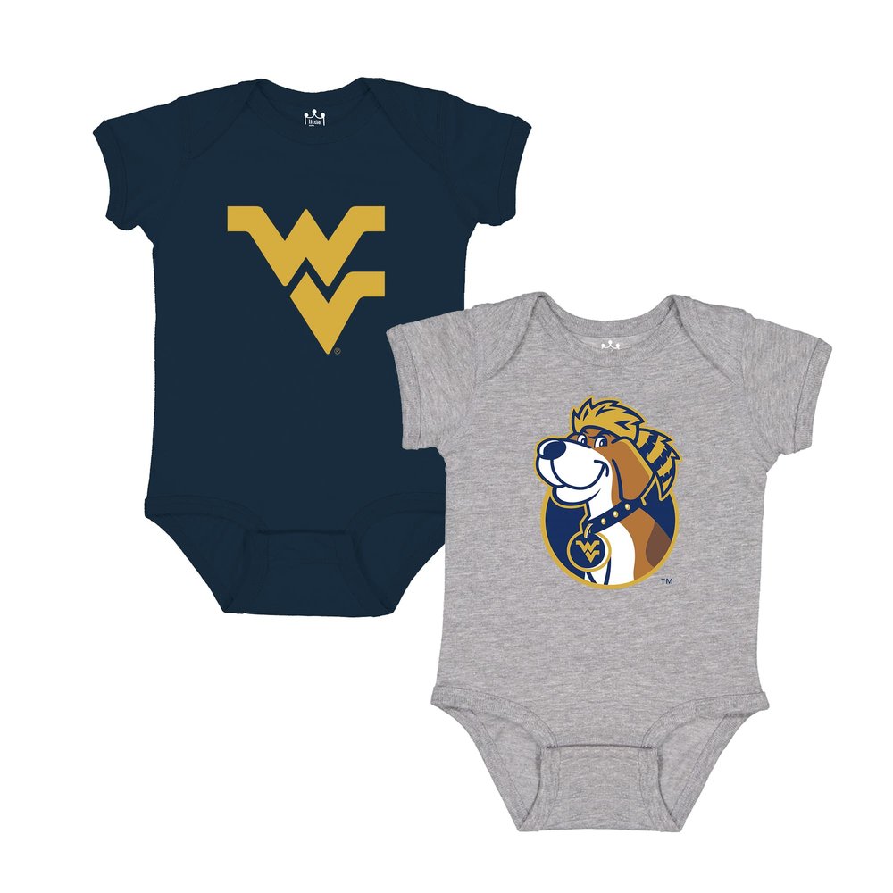 Little King NCAA Bodysuit 2 Pack Short Sleeve-100% Cotton-West Virginia-Navy & Grey-0-3 Months