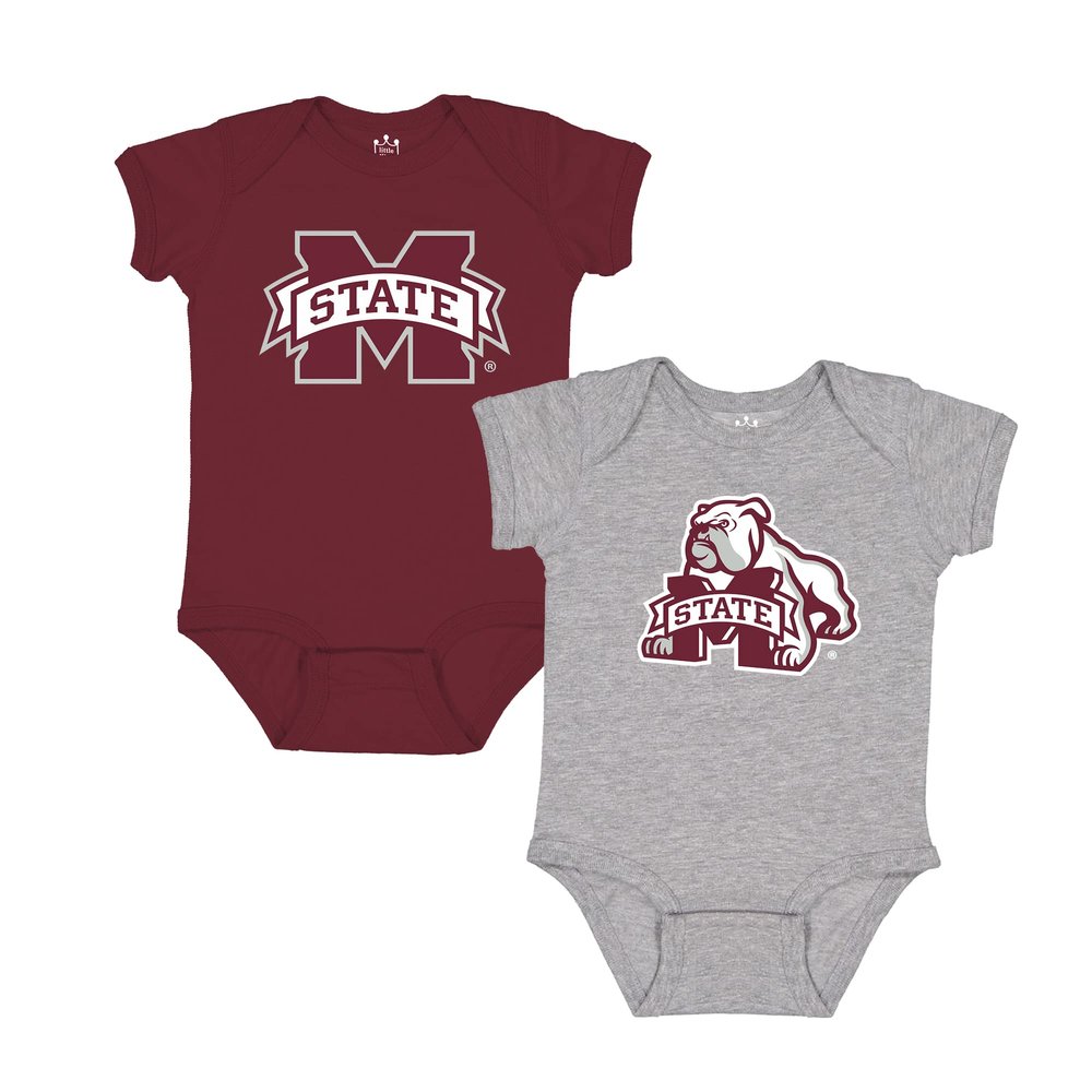 Little King NCAA Bodysuit 2 Pack Short Sleeve-100% Cotton-Mississippi State-Maroon & Grey-12 Months