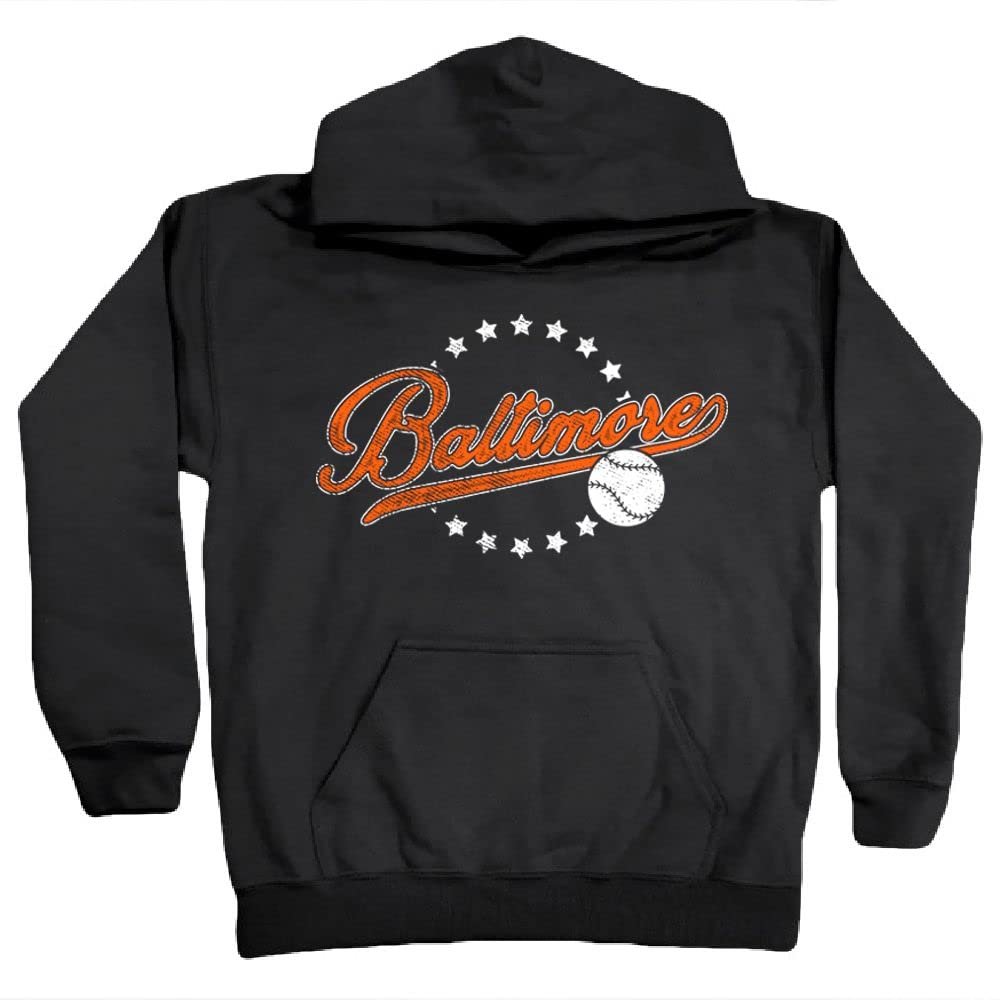 Baltimore City Vintage Baseball Kid's Fan Hoodie Sweatshirt (Black Hoodie, YS)