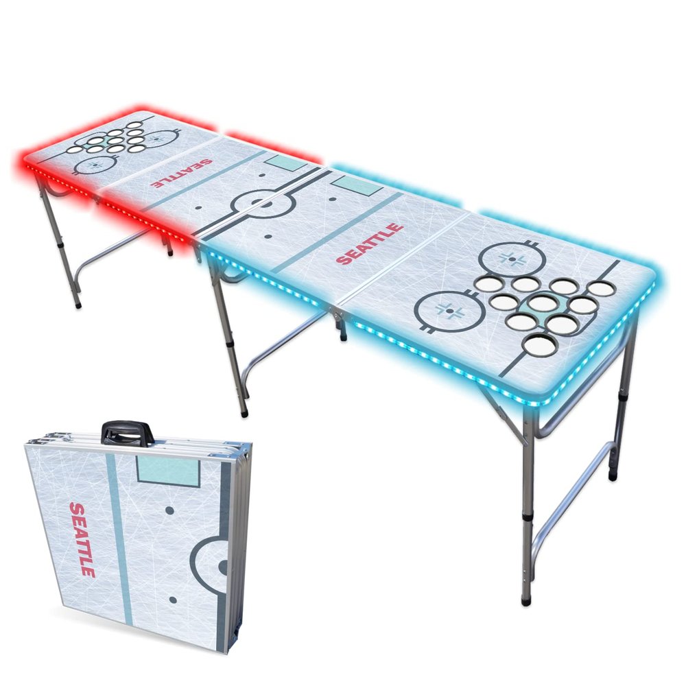 8-Foot Professional Beer Pong Table w/Cup Holes & LED Lights - Seattle Hockey Rink