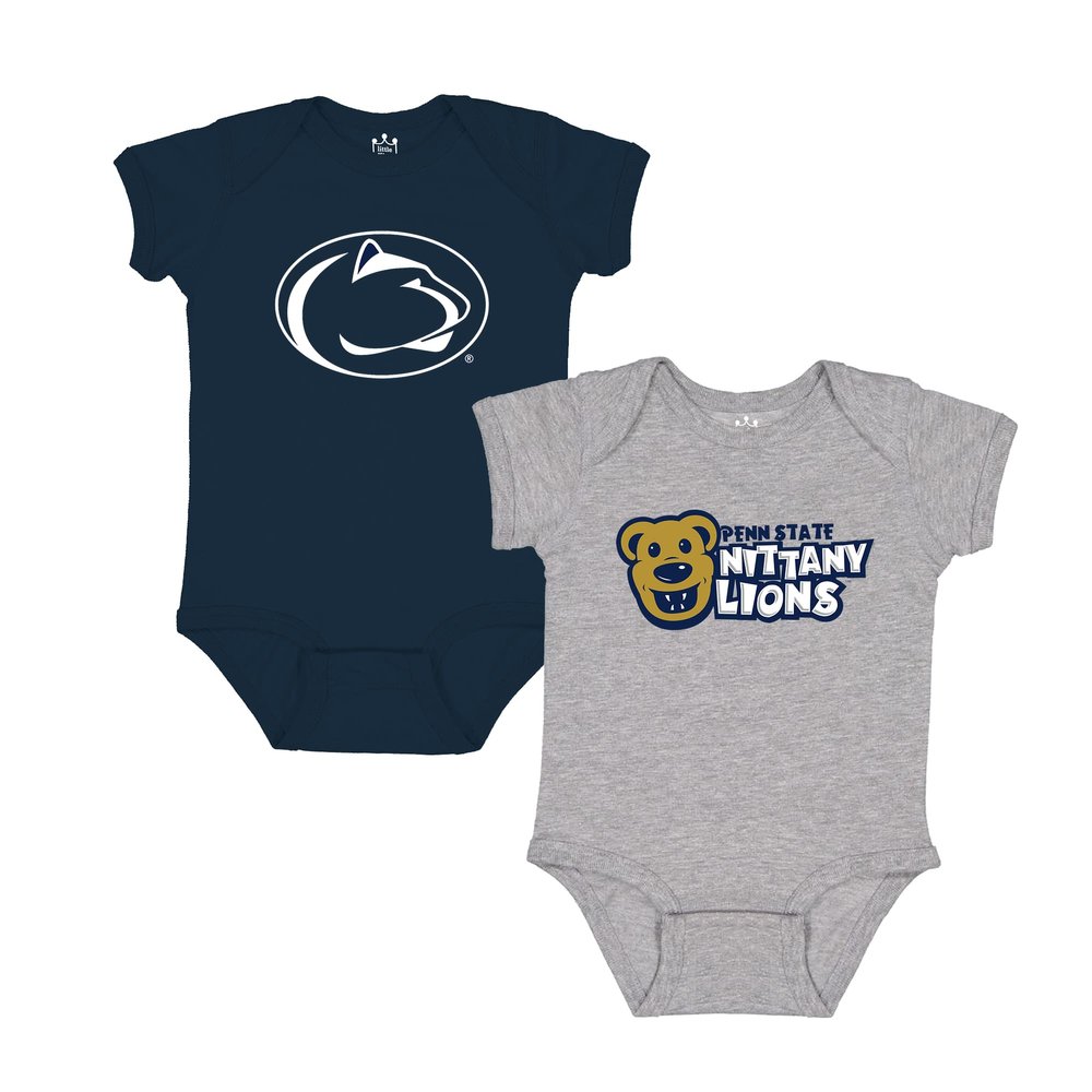 Little King NCAA Bodysuit 2 Pack Short Sleeve-100% Cotton-Penn State-Navy & Grey-0-3 Months