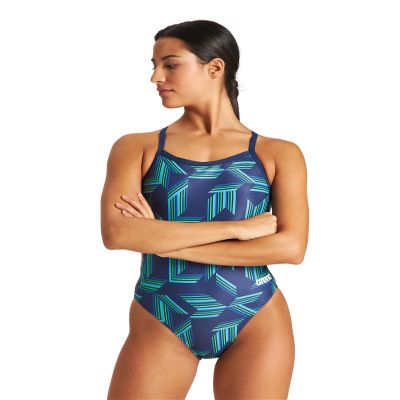 ARENA Women's Swimsuit Puzzled Team Print MaxLife Sports Suit Challenge Back One Piece Bathing Suit Competition Training Racing Swimwear, Navy/Soft Green Multi, US Size 24