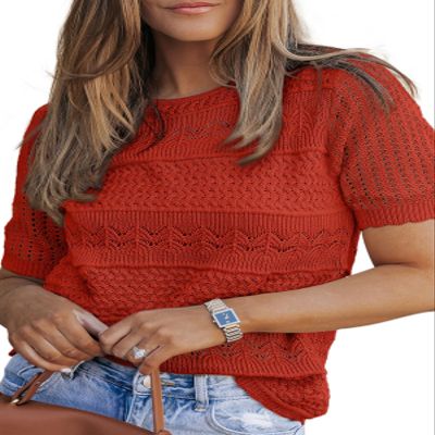 Dokotoo Women's Boho Hollow Out Knit Top Short Sleeve Crew Neck Sweater Cute Crochet Pullover Blouse Orange Red Sweaters XL