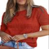 Dokotoo Women's Boho Hollow Out Knit Top Short Sleeve Crew Neck Sweater Cute Crochet Pullover Blouse Orange Red Sweaters XL view 1