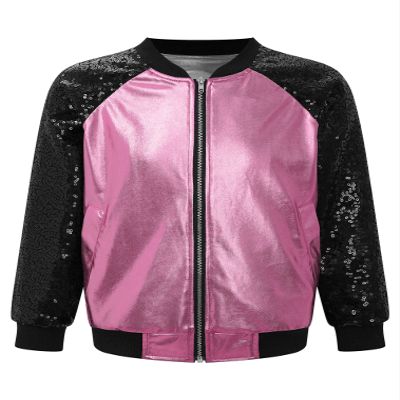 JEATHA Kids Girls Bomber Jacket Shiny Sequin Raglan Long Sleeve Zip Up Jackets for Hip Hop Latin Jazz Dance Pink 8 Years