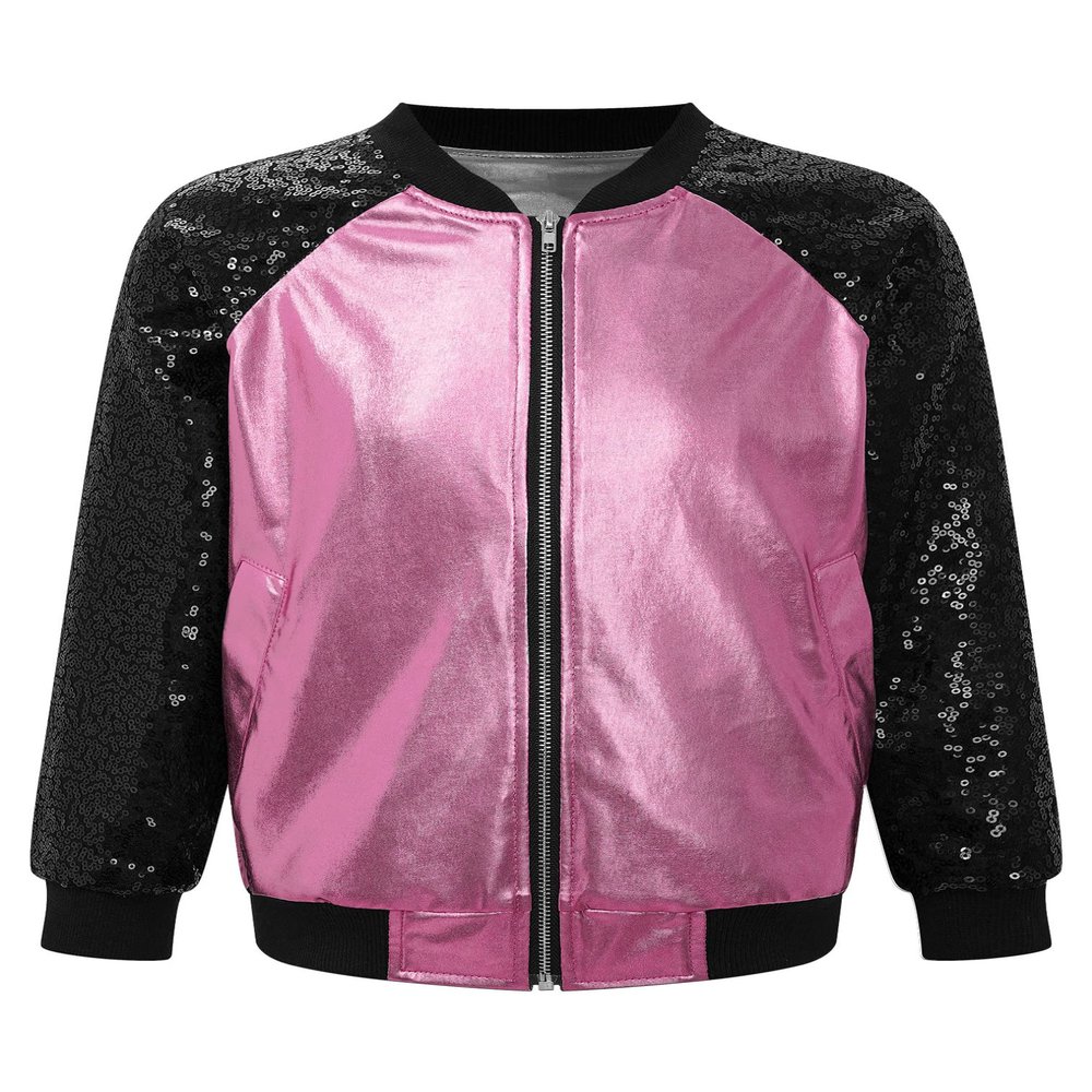 JEATHA Kids Girls Bomber Jacket Shiny Sequin Raglan Long Sleeve Zip Up Jackets for Hip Hop Latin Jazz Dance Pink 8 Years
