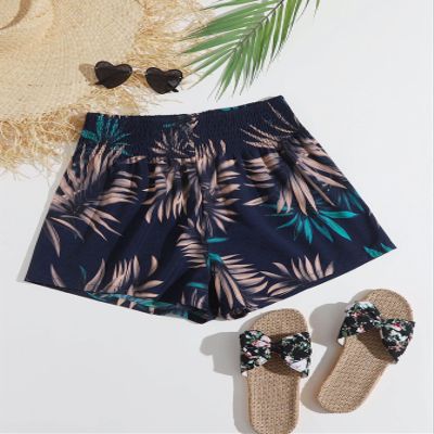 ABZEKH Shorts for Women Shorts Women's Shorts Plants Print Shirred Waist Shorts Shorts (Color : Navy Blue, Size : X-Small)