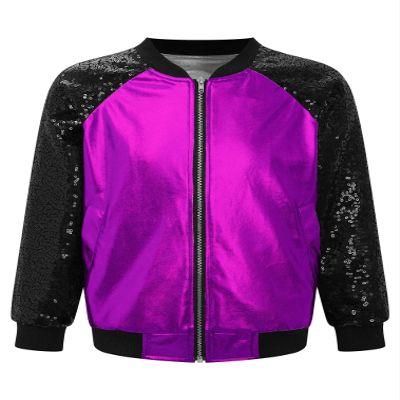 JEATHA Kids Girls Bomber Jacket Shiny Sequin Raglan Long Sleeve Zip Up Jackets for Hip Hop Latin Jazz Dance Purple 8 Years