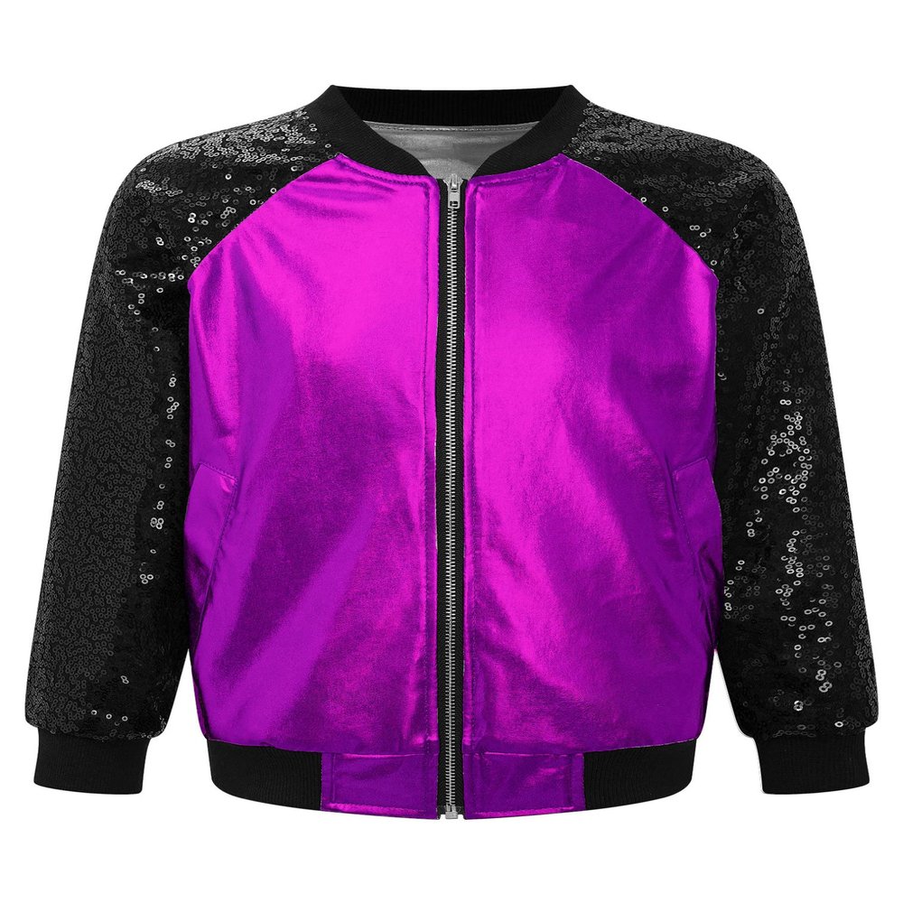 JEATHA Kids Girls Bomber Jacket Shiny Sequin Raglan Long Sleeve Zip Up Jackets for Hip Hop Latin Jazz Dance Purple 8 Years