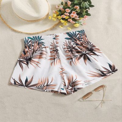 ABZEKH Shorts for Women Shorts Women's Shorts Plants Print Shirred Waist Shorts Shorts (Color : Multicolor, Size : Medium)