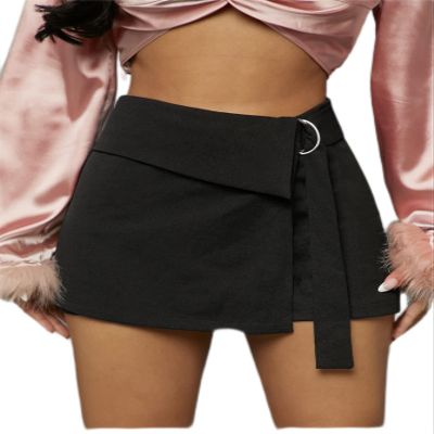 LEWGEL Women's Shorts High Waist O-Ring Detail Skort Shorts Women (Color : Black, Size : Large)