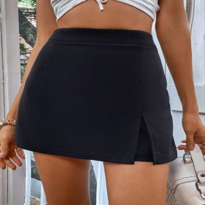 ABZEKH Shorts for Women Shorts Women's Shorts High Waist Solid Slit Skirt Shorts (Color : Black, Size : Small)