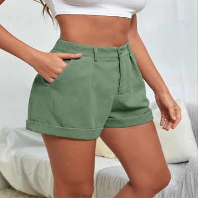 LEWGEL Women's Shorts High Waist Roll Hem Corduroy Shorts Shorts Women (Color : Green, Size : Small)