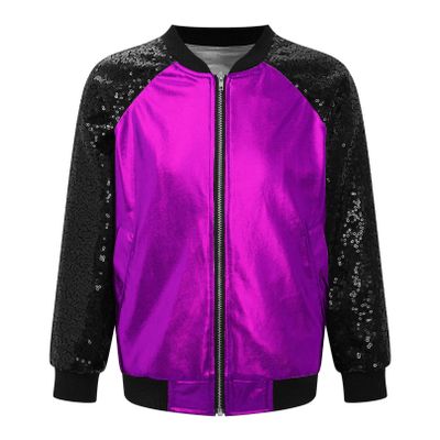 Agoky Kids Girls Stylish Sequins Jacket with Hat Children Lightweight Jacket Coat Bomber Jacket Outwear Streetwear Dancewear Purple 12 Years