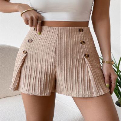 ABZEKH Shorts for Women Shorts Women's Shorts Button Front Fold Pleated Shorts Shorts (Color : Apricot, Size : Medium)