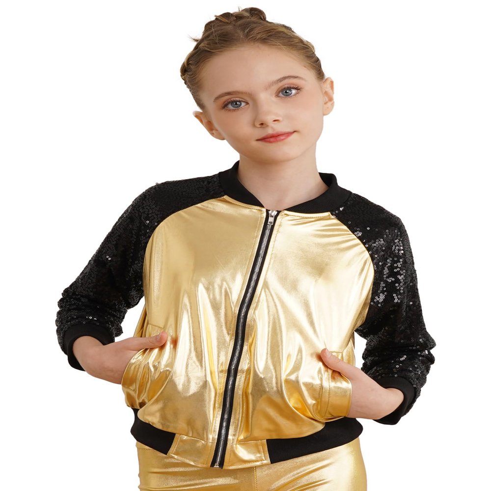 Jhaoyu Kids Girls Boys Metallic Bomber Moto Jacket Coat Hip Hop Jazz Modern Dance Top Disco Party Wear Gold A 14 Years