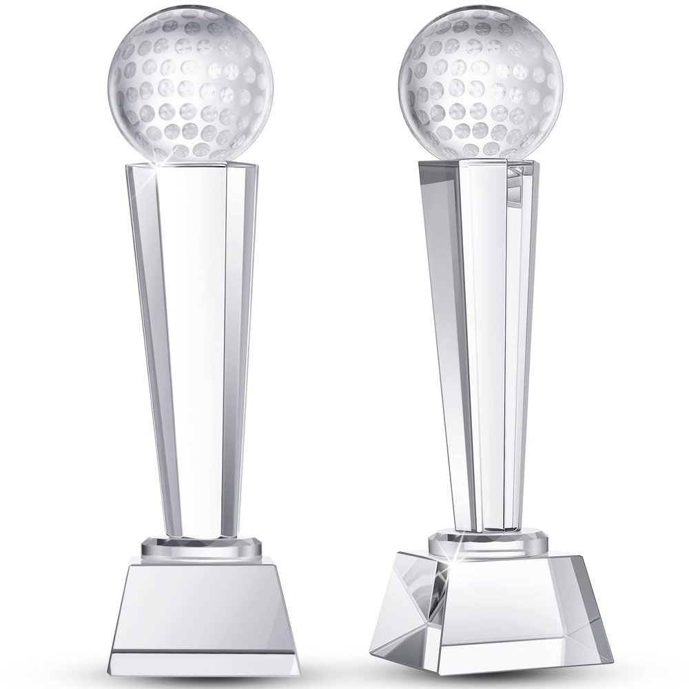 Meooeck 2 Pcs 9x2.8'' Crystal Glass Trophy with Gift Box Large Trophy Award Glass Paperweight Tournament Table Desktop Decor (Golf)
