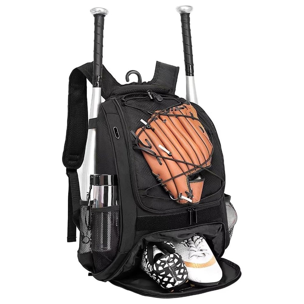 DAFISKY Baseball Bag Softball Backpack - Youth Adult T Ball Bat Equipment Bag with Bat and Helmet Holders, Shoe Compartment and Hook, Black