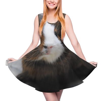 Cute Guinea Pig Women's Ruffle Hem Sleeveless Dress Round Neck Summer Boho Dress L