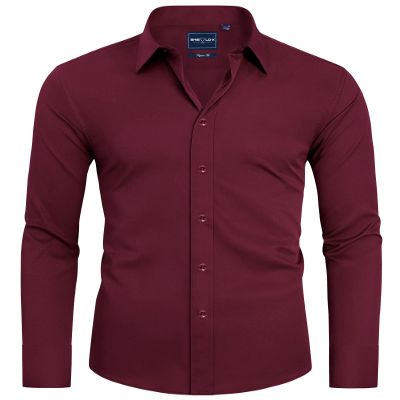 Alimens & Gentle Men's Burgundy Dress Shirt Slim Fit Long Sleeve Stain Proof Button Down Shirts Wedding Party 3XL