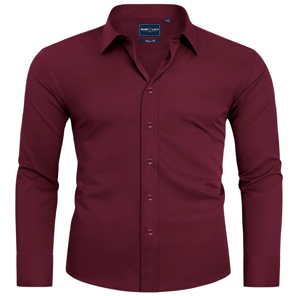 Alimens & Gentle Men's Burgundy Dress Shirt Slim Fit Long Sleeve Stain Proof Button Down Shirts Wedding Party 3XL