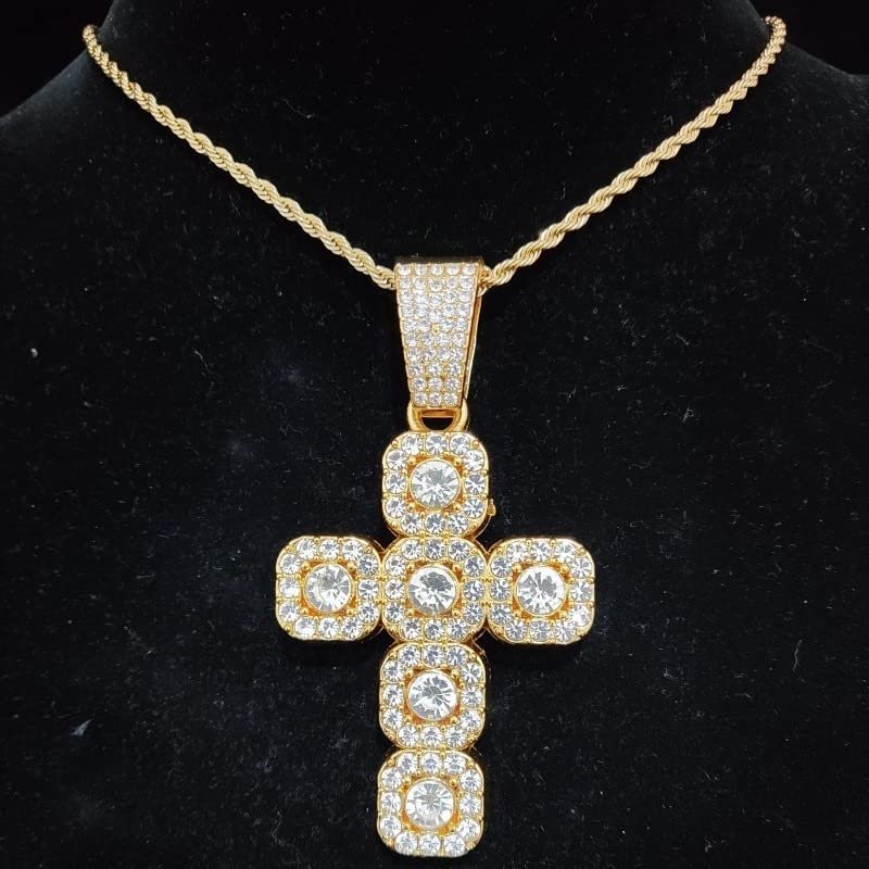 Men Women Hip Hop Square Cross Pendant Necklace with 13mm Cuban Chain HipHop Iced Out Bling Necklaces Fashion Charm Jewelry (Gold color3-20inch)