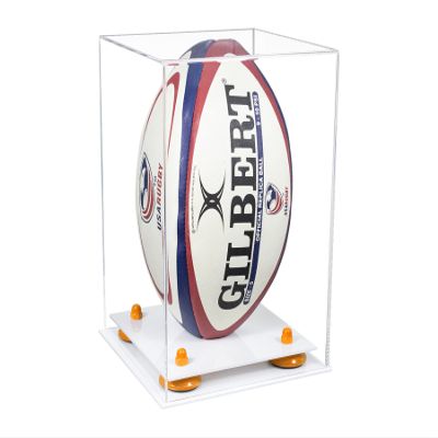 Better Display Cases Acrylic Rugby Ball Display Case Vertical with Clear Case, Orange Risers, White Base 8" x 8" x 12" (A060/B42)